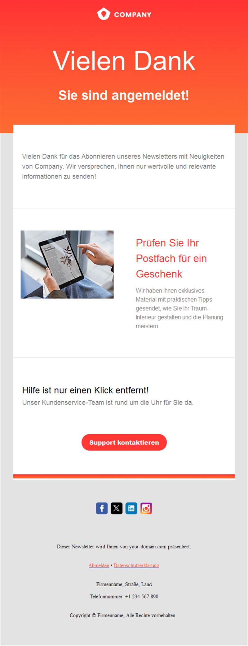 Dankeschön-E-Mail für Newsletter-Anmeldungen