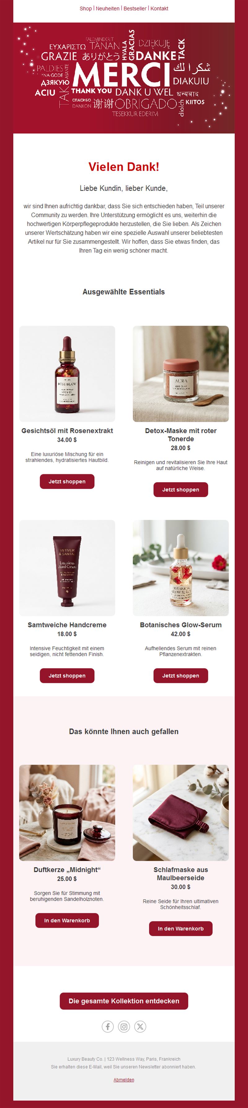 Dankeschön-E-Mail-Vorlage mit Produktempfehlungen