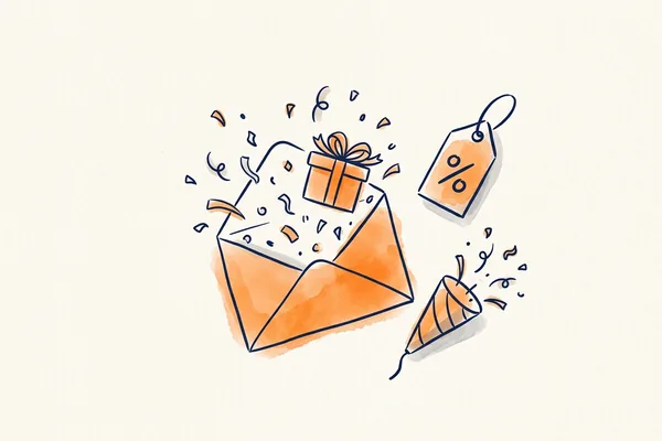 Handgezeichneter Umschlag, aus dem Konfetti, ein Geschenk und ein Preisschild herausspringen, als Illustration für eine Werbe-E-Mail
