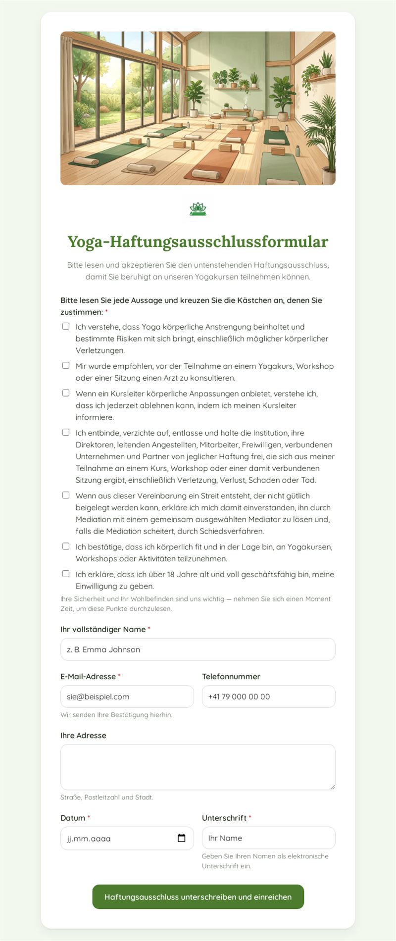 Yoga Haftungsfreistellung Formular