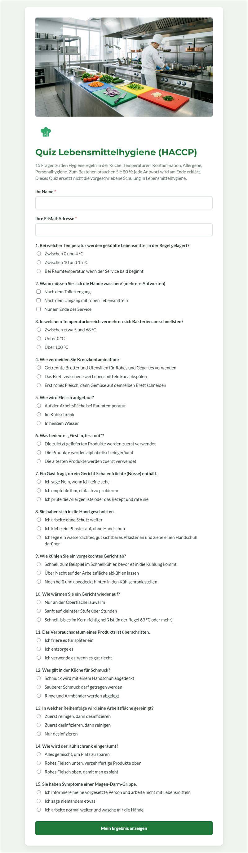 Quiz Lebensmittelhygiene (HACCP)