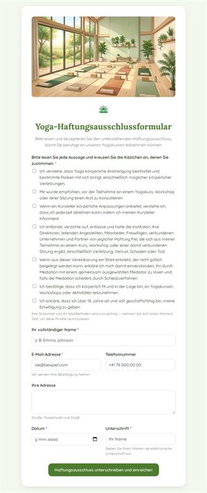 Yoga Haftungsfreistellung Formular