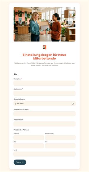 Einstellungsbogen für neue Mitarbeitende